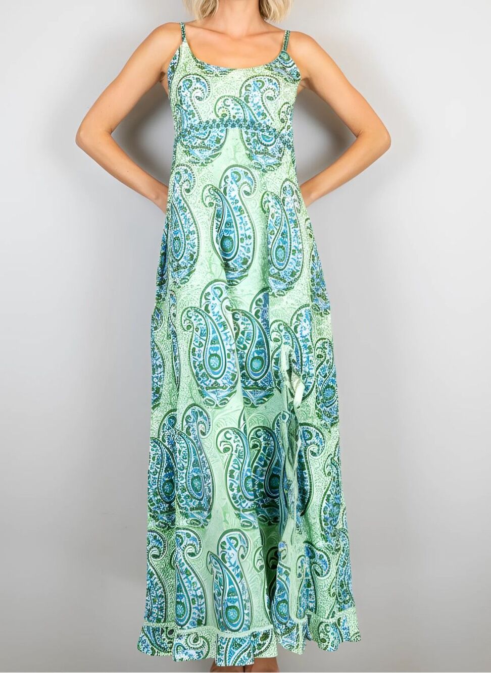 La Plage Ruffle Maxi Dress Double Paisley Green Turquoise Cotton Size M NWT